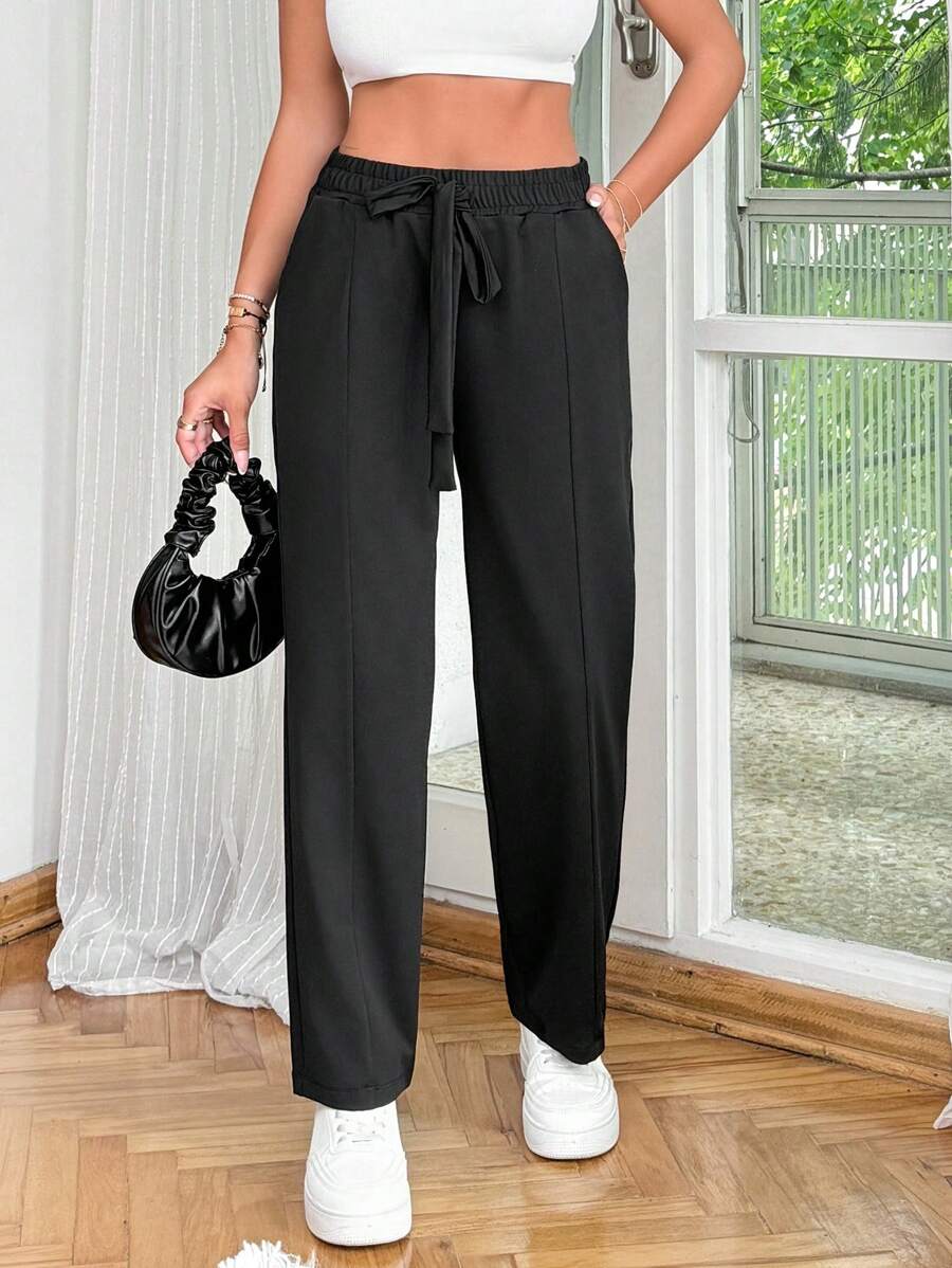 RueChic Women Black Drawstring Solid Seam Pants - Black - View 1
