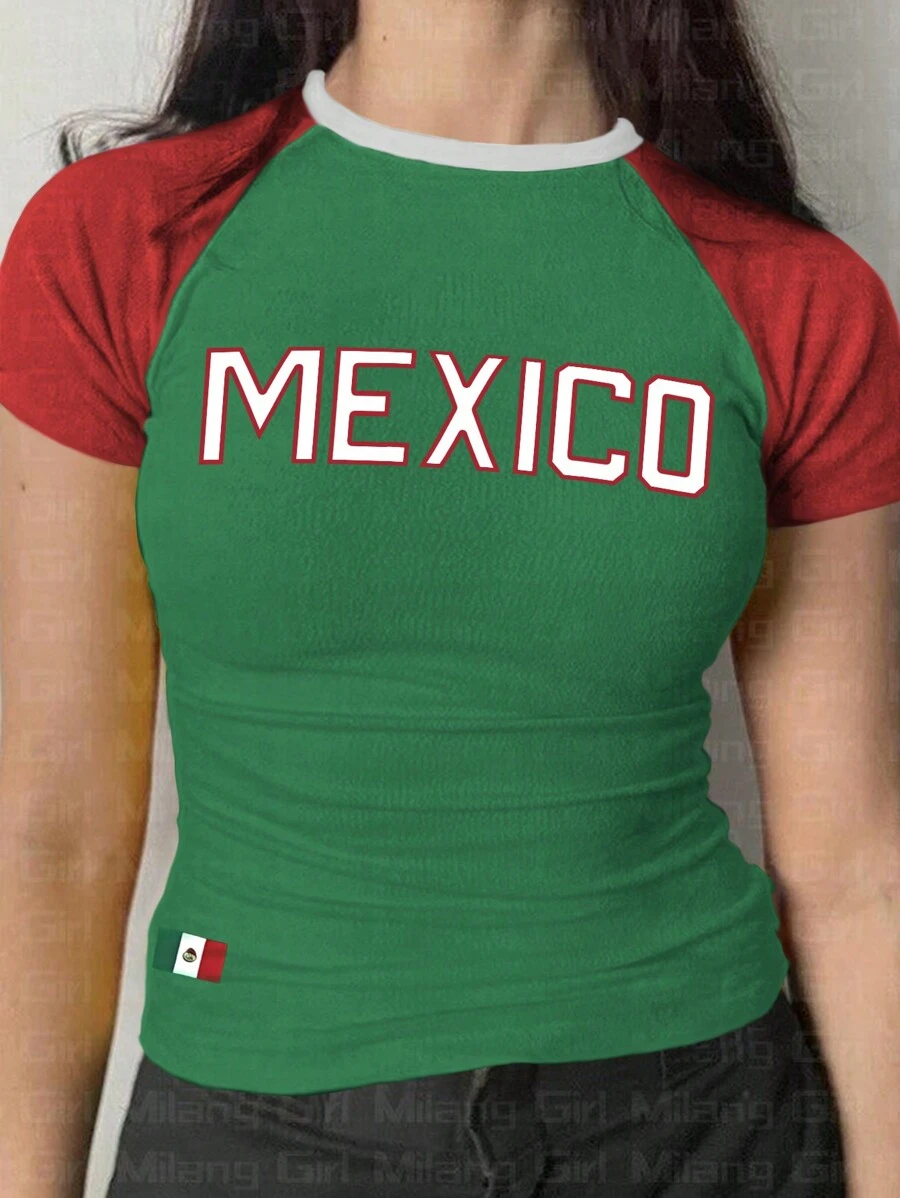 SHEIN Unity Women's Mexico Letter Print Slim Fit Round Neck Short Sleeve T-Shirt, Summer Graphic Tees Women Tops - Multicolor - View 1