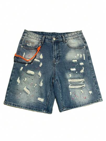 Men's Casual Denim Shorts With Distressed Holes And Frayed Edges