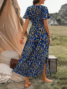 SHEIN Clasi Women Shirred Leopard Printed Drawstring Waist Split Hem Summer Dress - Royal Blue - View 2