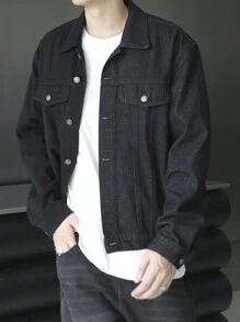 Manfinity LEGND 男士春秋休闲纯色牛仔夹克 - 黑色 - 查看 5