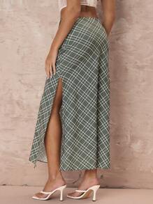Glamine Women Plaid Print Casual Everyday Matching Slit Skirt Fall Cloth For Women - Green - View 2