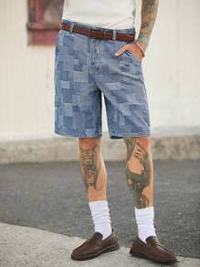 Manfinity Homme Men's Vintage Casual Light Blue Plaid Denim Shorts