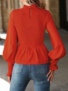 Chiquease Blusa de unicolor con cuello de volantes, mangas largas y cintura cincelada, para uso casual y de fiesta de Navidad en la mujer - Rojo - Ver 2