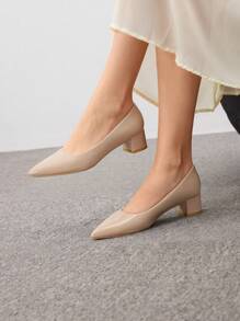 CUCCOO BIZCHIC Women Point Toe Chunky Heeled Valentine Days Day Elegant Beige Court Pumps For Summer Graduation Heels Prom Heels Vacation Shoes Summer Back To School Shoes College Student Shoes Elegant Basics Business Casual Business Chic Spring Shoes Spring Break Easter