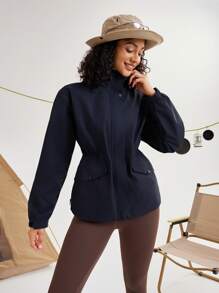 In My Nature In My Nature Women Solid Color Drawstring Hooded Waist Outdoor Jacket