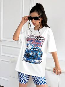 SHEIN 少女针织汽车印花短袖 T 恤和棋盘格图案骑行短裤休闲装 - 寶藍色 - 查看 5