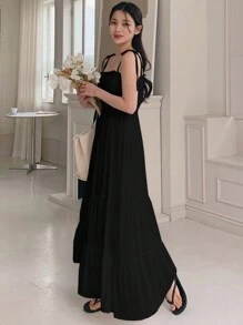 女士纯色简约无袖连衣裙，适合日常穿着，夏季吊带裙，休闲女式连衣裙，长款连衣裙 - 黑色 - 查看 1