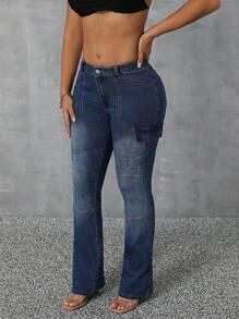 SHEIN SXY Women Button Belt Loop Pocket Straight Casual Fashion Street Style All-Match Jeans - Blue - View 4