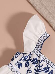 Holiday,Summer,TravelTween Girls Floral Print Square Collar Ruffle Hem Blouse, Summer - Blue - View 4