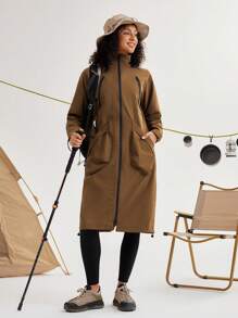 In My Nature 女士纯色拉链连帽夹克，带口袋，休闲外套 - 咖啡棕 - 查看 8