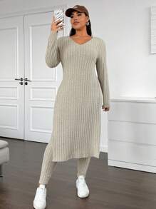 Flirla Bộ 2 món áo dài tay đơn giản màu trơn cỡ lớn cho nữ và quần dài, mặc vào mùa đông - Màu be - Xem 5