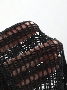 FRIFUL Women Spring And Summer Casual Solid Color Hollow Knit Tops - Black - View 8