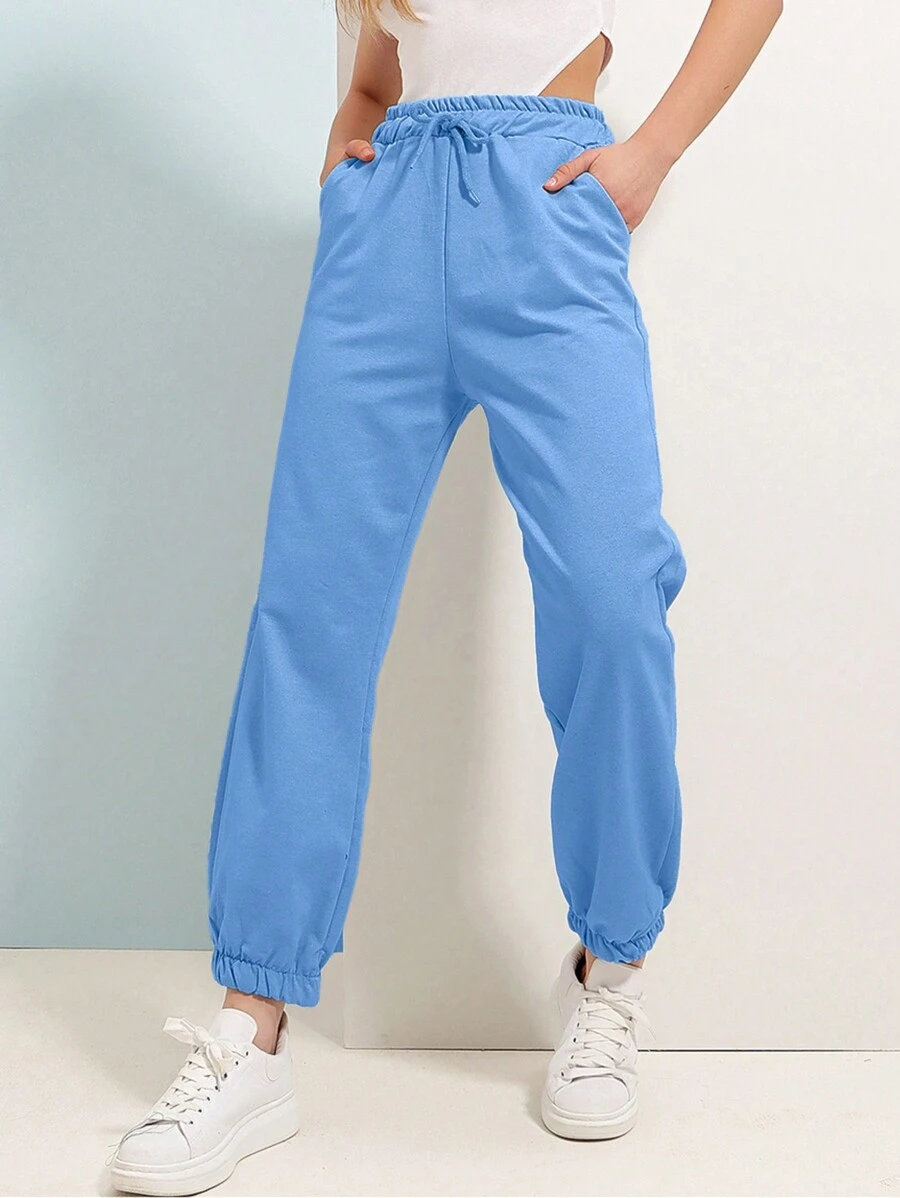 RueChic Drawstring Waist Slant Pocket Joggers - Baby Blue - View 1