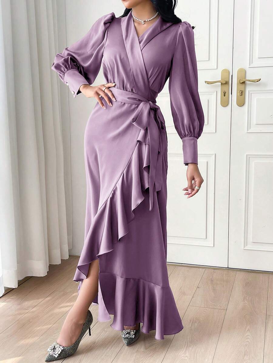 Modelyn Women's Solid Color Elegant Ruffled Hem Long Sleeve Dress Long Evening Dresses