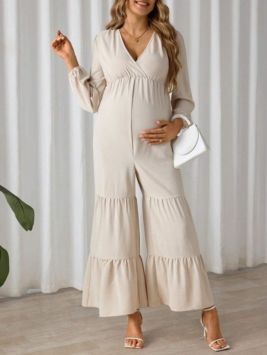 SHEIN Women's Solid Color Simple Daily V-Neck Long Sleeve Jumpsuit, For Maternity - Apricot - View 1