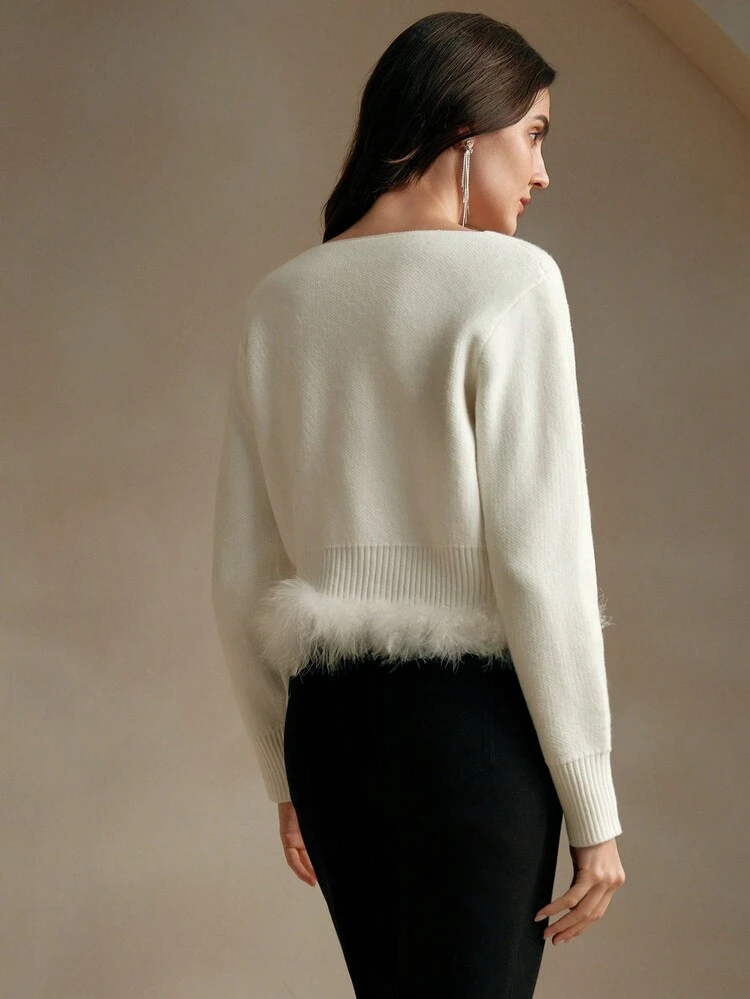 Niche Design Sexy Rhinestone & Feather Hem Knit Cardigan