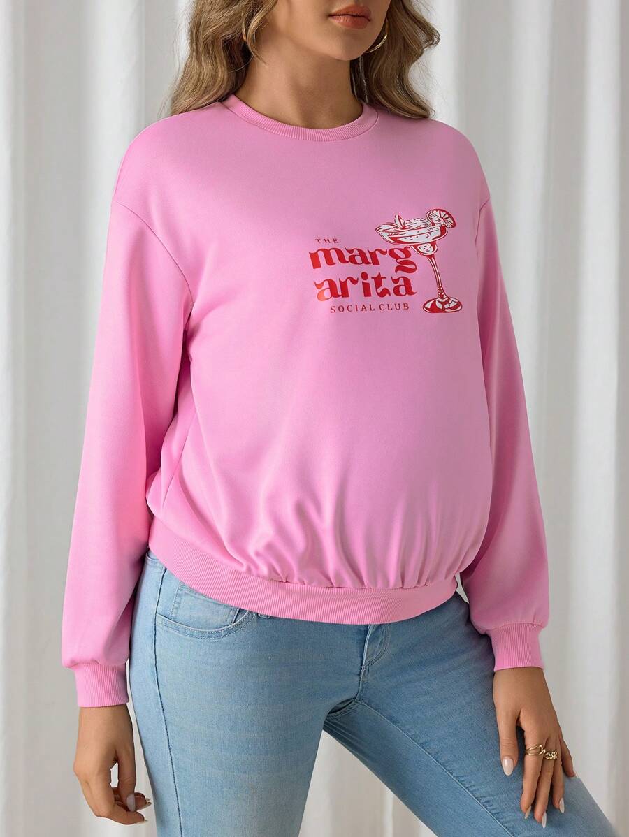 SHEIN Maternity Simple Print Crew Neck Long Sleeve Sweatshirt, For Winter - Pink - View 1