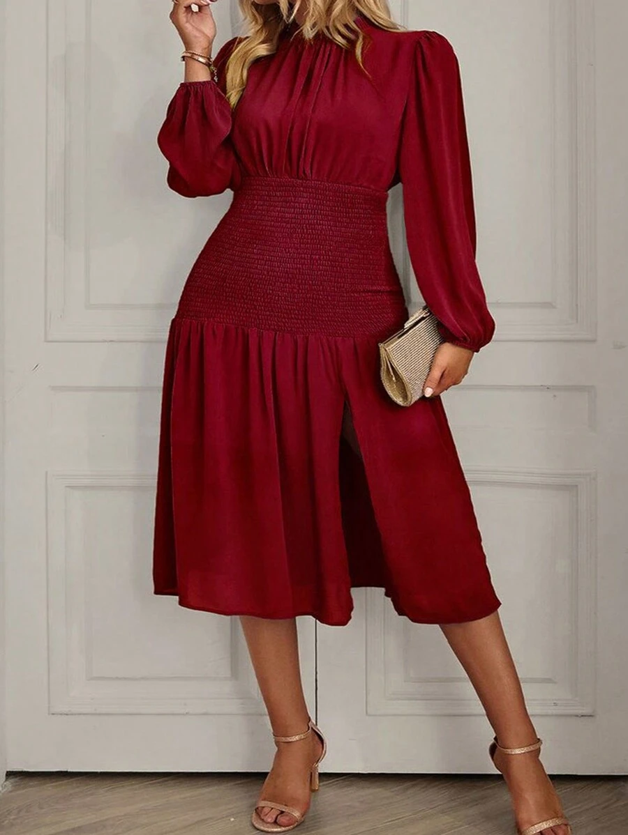 SHEIN Clasi Plus Frill Trim Split Thigh Dress For Holiday Fall Cloth For Women - Burgundy - View 1