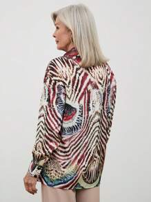 SHEIN LUNE Women's Turndown Collar Button Front Long Sleeve Allover Print Casual Blouse - Multicolor - View 2
