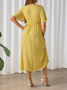 SHEIN Maternity Ditsy Floral Ruffled Short Sleeve Side Slit Casual Dress - Yellow - View 2