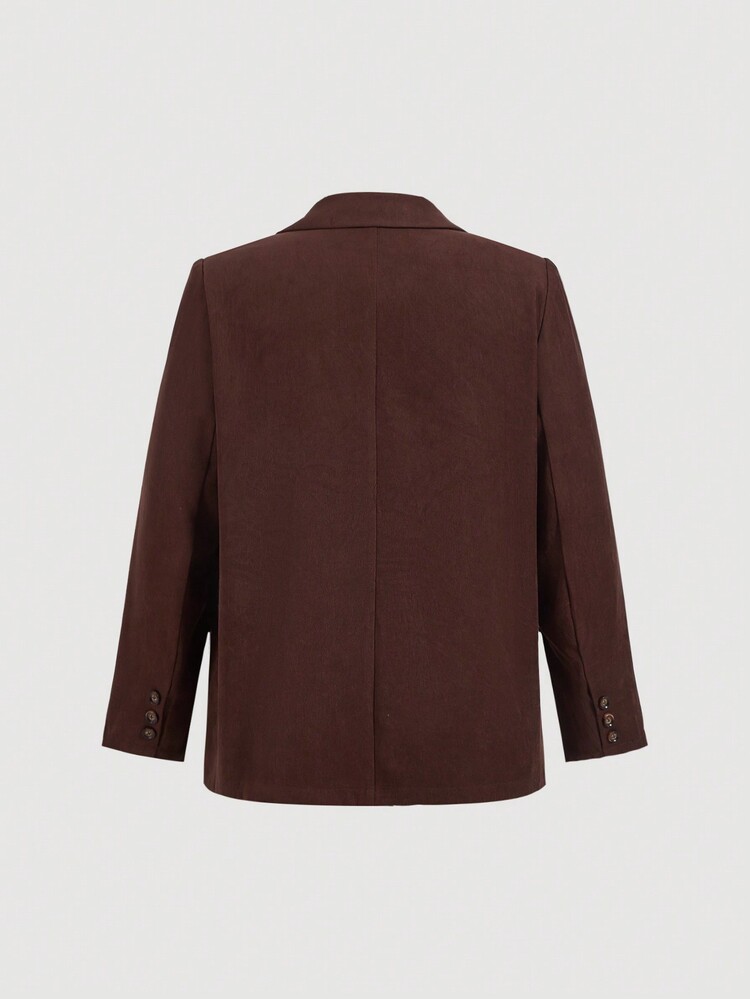 SHEIN MOD Plus Size Coffee Color Ribbon Trimmed Lapel Collar Box Blazer - Coffee Brown - View 5