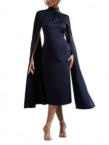 Abito elegante da donna con maniche a poncho di colore unito, abito da cocktail semi-formale adatto per festa di compleanno, matrimonio, laurea, cena, ballo di fine anno - nero - Visualizzare 3