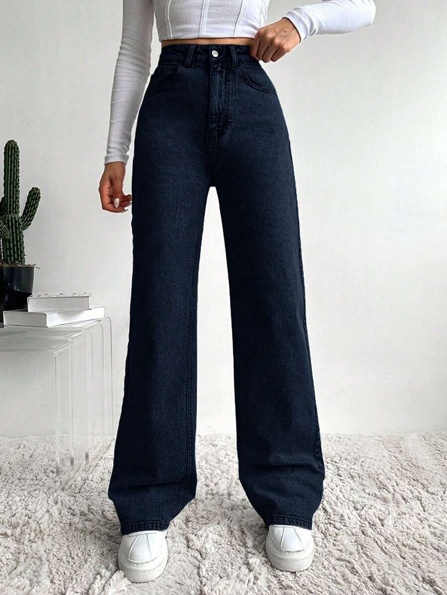 SHEIN Cottnline High Waist Wide Leg Jeans - Navy Blue - View 1