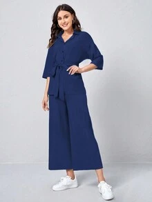 女士简约纯色系带上衣和裤子护士/医生制服手术服套装