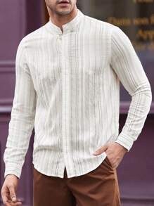Manfinity VCAY Men's Woven Loose Fit Long Sleeve Collared Casual Shirt, Suitable For Autumn And Daily Wear