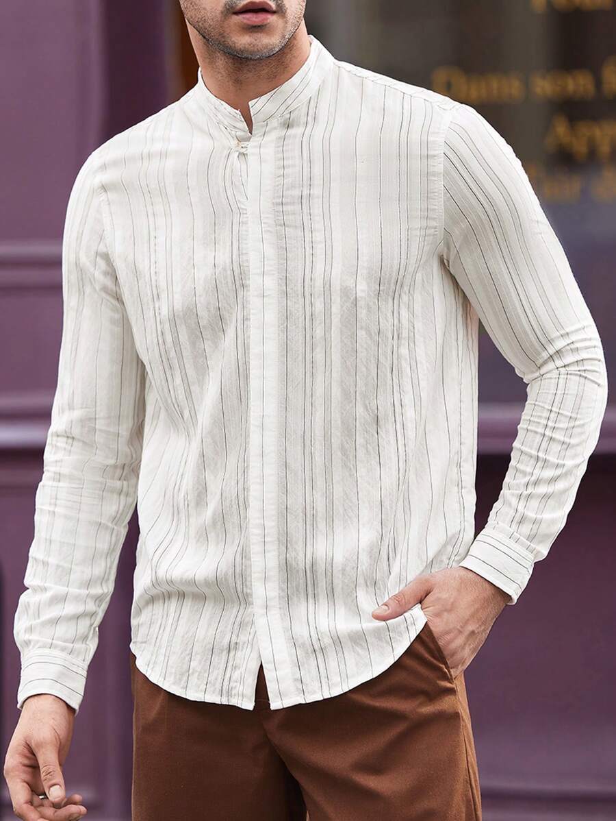 Manfinity VCAY Men's Woven Loose Fit Long Sleeve Collared Casual Shirt, Suitable For Autumn And Daily Wear