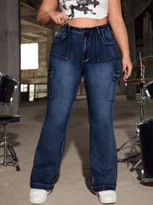 SHEIN CURVE+ 大码女式蓝色紧身喇叭牛仔裤 - 藍色 - 查看 3