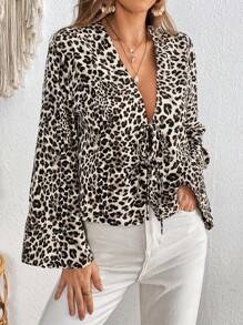 SHEIN VCAY Vacation Rayon Woven Leopard Print Open Front Long Sleeve Regular Blouse For Women,Long Sleeve Tops - Khaki - View 5