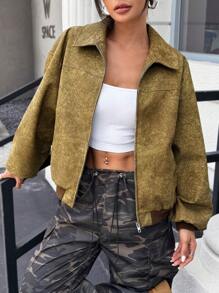 SHEIN EZwear Women's Solid Color Minimalist Daily Wear Lapel Long Sleeve PU Leather Jacket