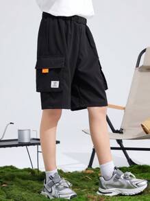 SHEIN 少年男孩字母拼接口袋裝扣蓋貨物短褲