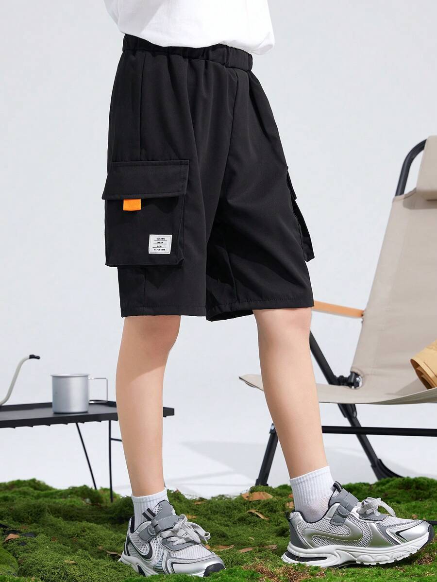 SHEIN 少年男孩字母拼接口袋裝扣蓋貨物短褲