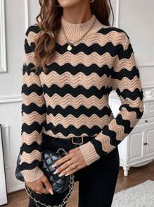 SHEIN LUNE 女士波浪条纹简约毛衣，休闲日常穿着