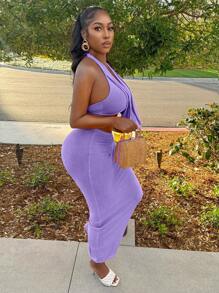 BamGleam Women Sexy Crowl Halter Top V-Neck Cami Top And Maxi Skirt Two Pieces Set For Club Party Outfit - Purple - View 4