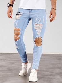 Manfinity Homme Men Pocket Ripped Casual Denim Skinny Trousers