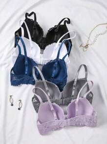 Shein Underwear&Sleepwear Basics Set de 5 piezas de Sujetador acolchado de encaje romántico para uso diario, mejorar busto pequeño Lencería