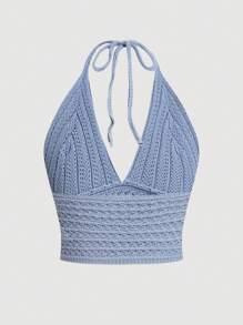 SHEIN MOD Áo cổ lọ thắt dây eo thanh lịch Lễ hội âm nhạc nữ Áo dệt kim - Màu xanh lam - Xem 2