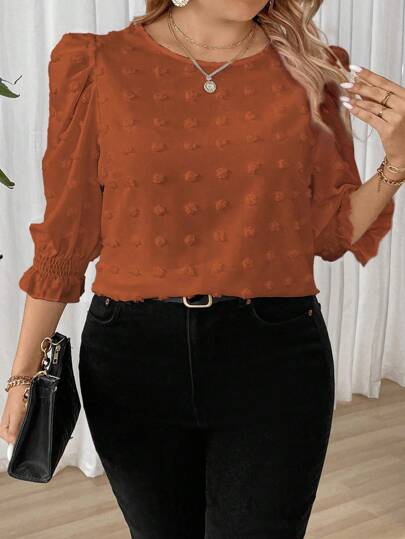 Rometta Plus Size Solid Color Puff Sleeve Blouse, Spring & Summer