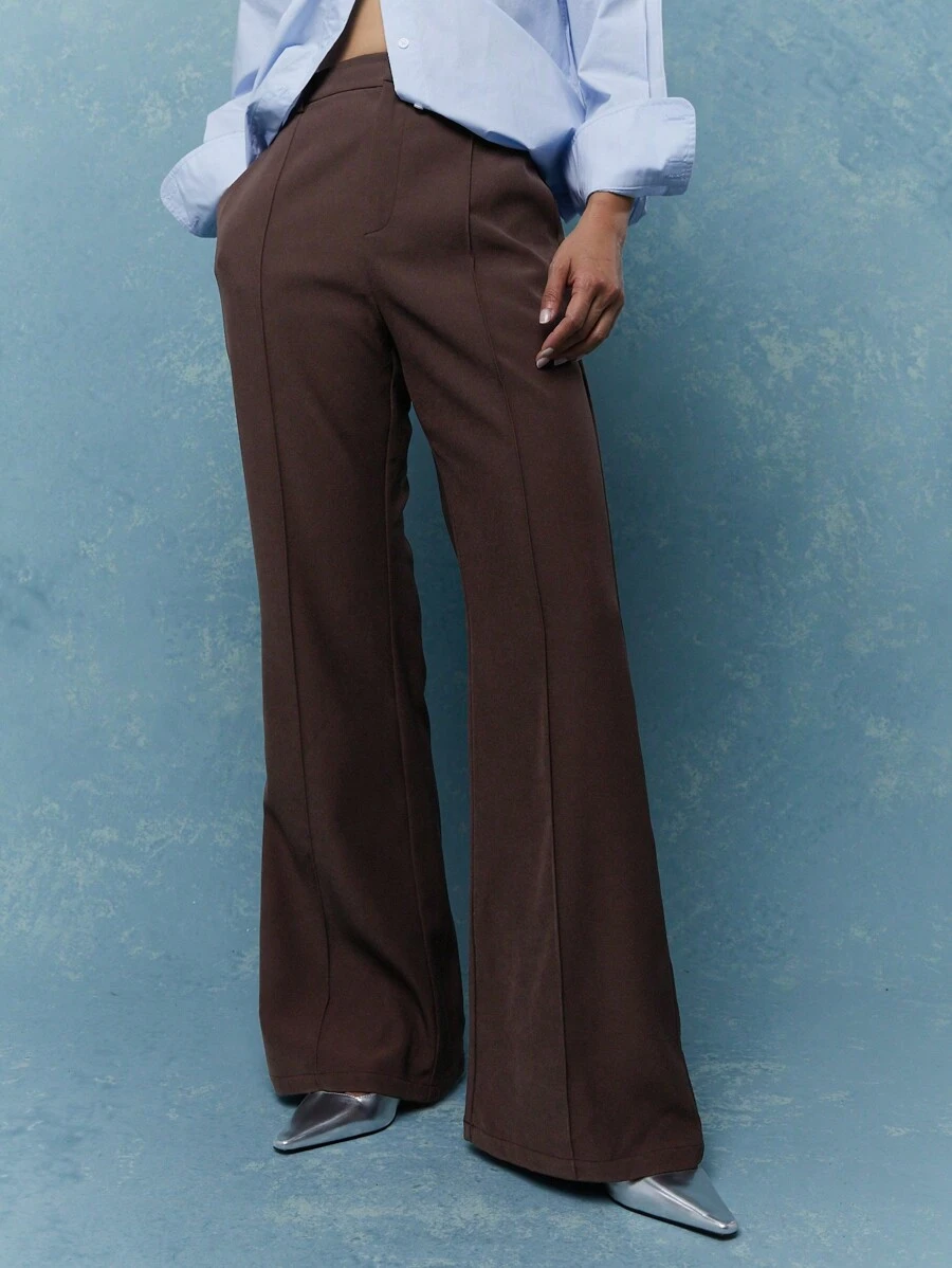 MISSGUIDED Tailored Pleat Stitch Flared Hem Suit Pant Office Wear - Coffee Brown - View 1
