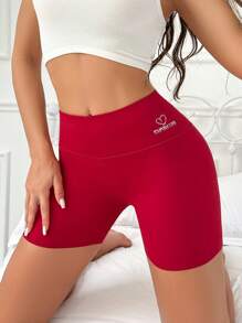 1 件女士心形与字母印花修身运动休闲三角裤 - 酒紅色 - 查看 4