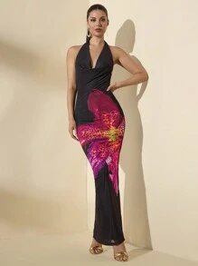 SHEIN BAE Women Summer Floral Print Swing Neck Slim Fit Draped Neck Tie Long Elegant Dress