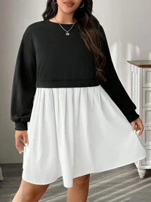 SHEIN EZwear 加大码黑白拼接卫衣连衣裙 - 黑與白 - 查看 3