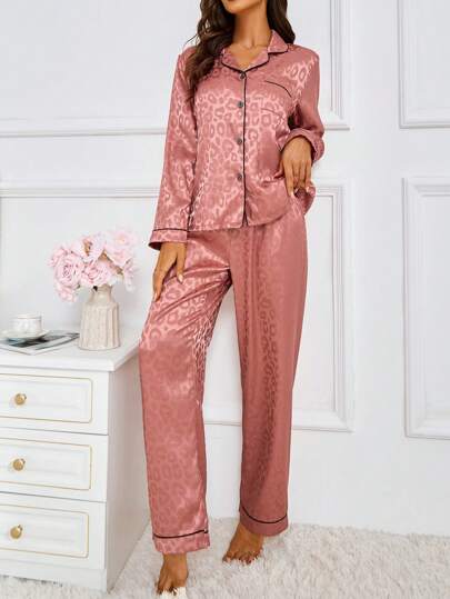 Ladies Kanten Up Top Pants Satijnen Leopard Pattern Pajama Set view 5