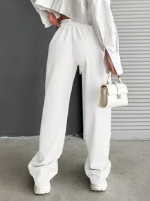 EURMUSE Women's Drawstring Solid Color Simple Straight Leg Casual Sports Versatile Pants City Break Plain White Summer - White - View 2