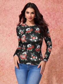 SHEIN Essnce SHEIN X Day Of The Dead Print Fitted Long Sleeve Round Neck Casual Top