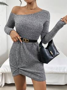 SHEIN Essnce 女士纯色休闲长袖迷你连衣裙 秋季连衣裙 女式工作连衣裙 返校节连衣裙 秋季女式连衣裙 冬季连衣裙 秋季女装 圣诞连衣裙 万圣节女式狂欢节服装 法兰绒女装 秋季女装 长袖女士露肩长袖 - 深灰色 - 查看 5